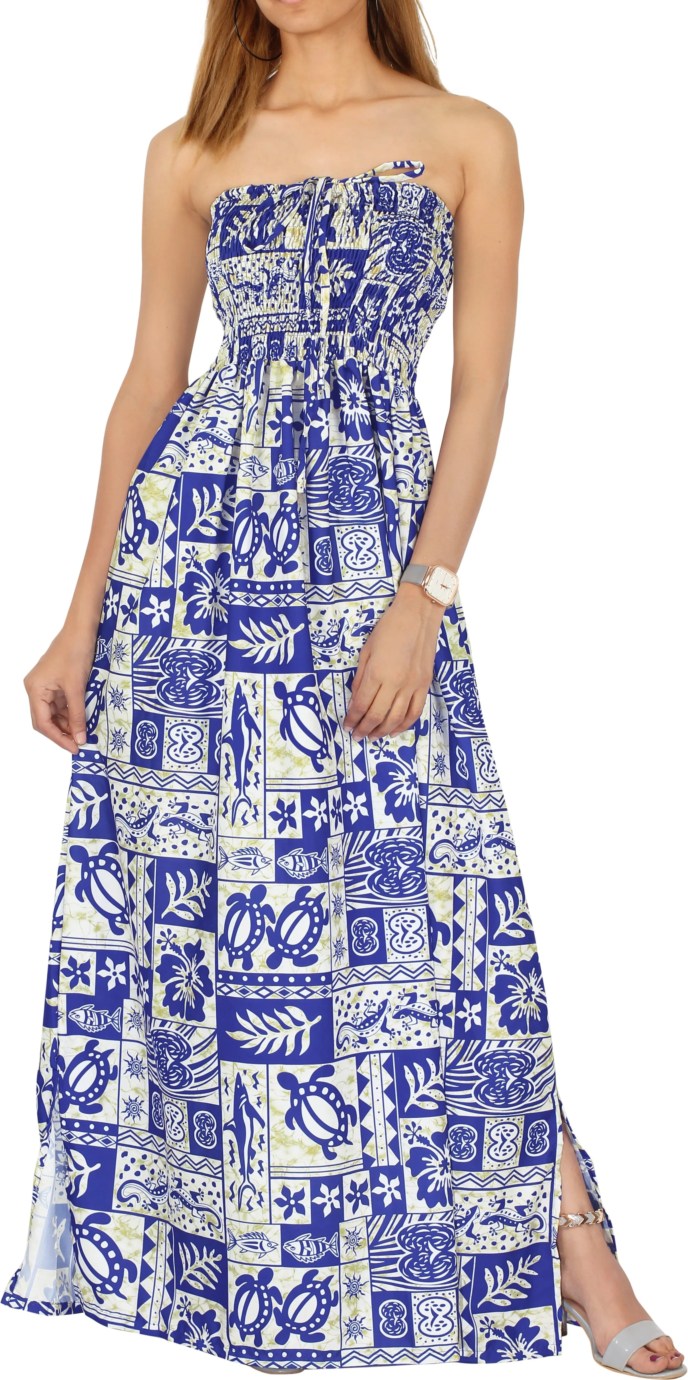 LA LEELA Long Maxi Halter Neck Tube Dress For Women With Turtle And Leaf Print All Over Casual And Chic Homewear Summerdress