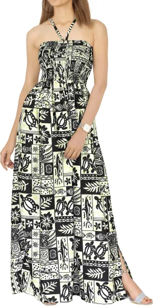 LA LEELA Long Maxi Halter Neck Tube Dress For Women With Turtle And Leaf Print All Over Casual And Chic Homewear Summerdress