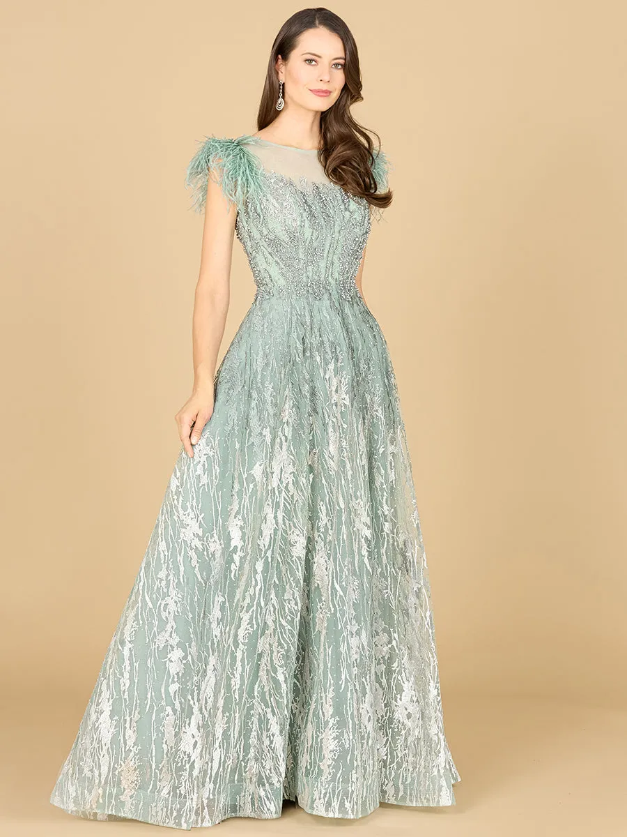 Lace ballgown with Feather Cap Sleeves