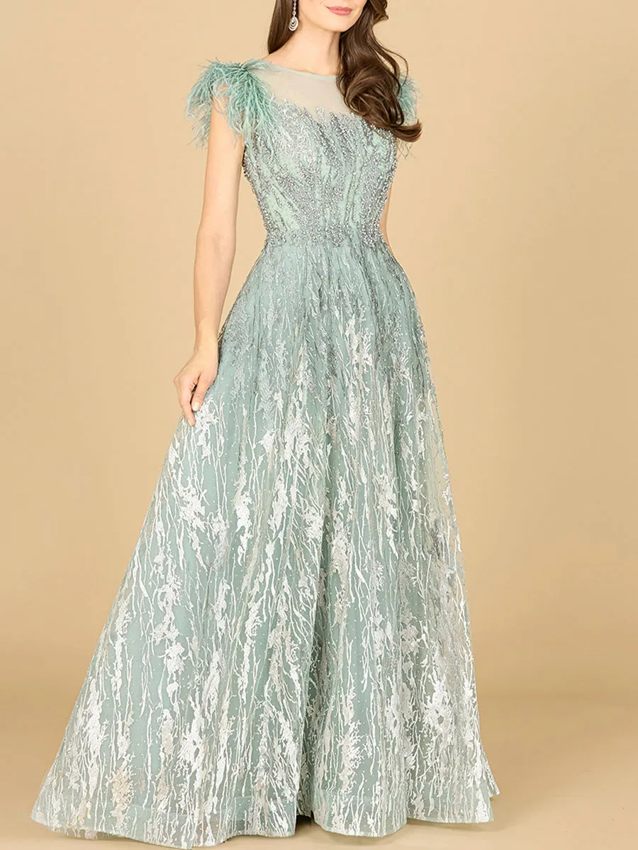 Lace ballgown with Feather Cap Sleeves