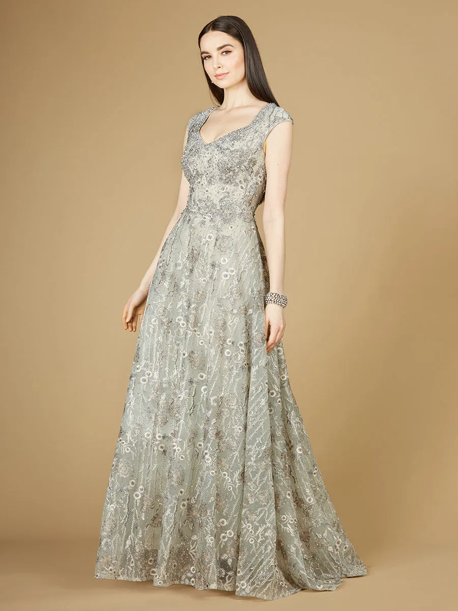 Lara 29236 - Cap Sleeve V-Neck Lace A-line Gown