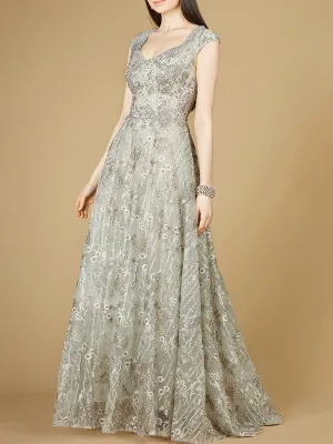 Lara 29236 - Cap Sleeve V-Neck Lace A-line Gown
