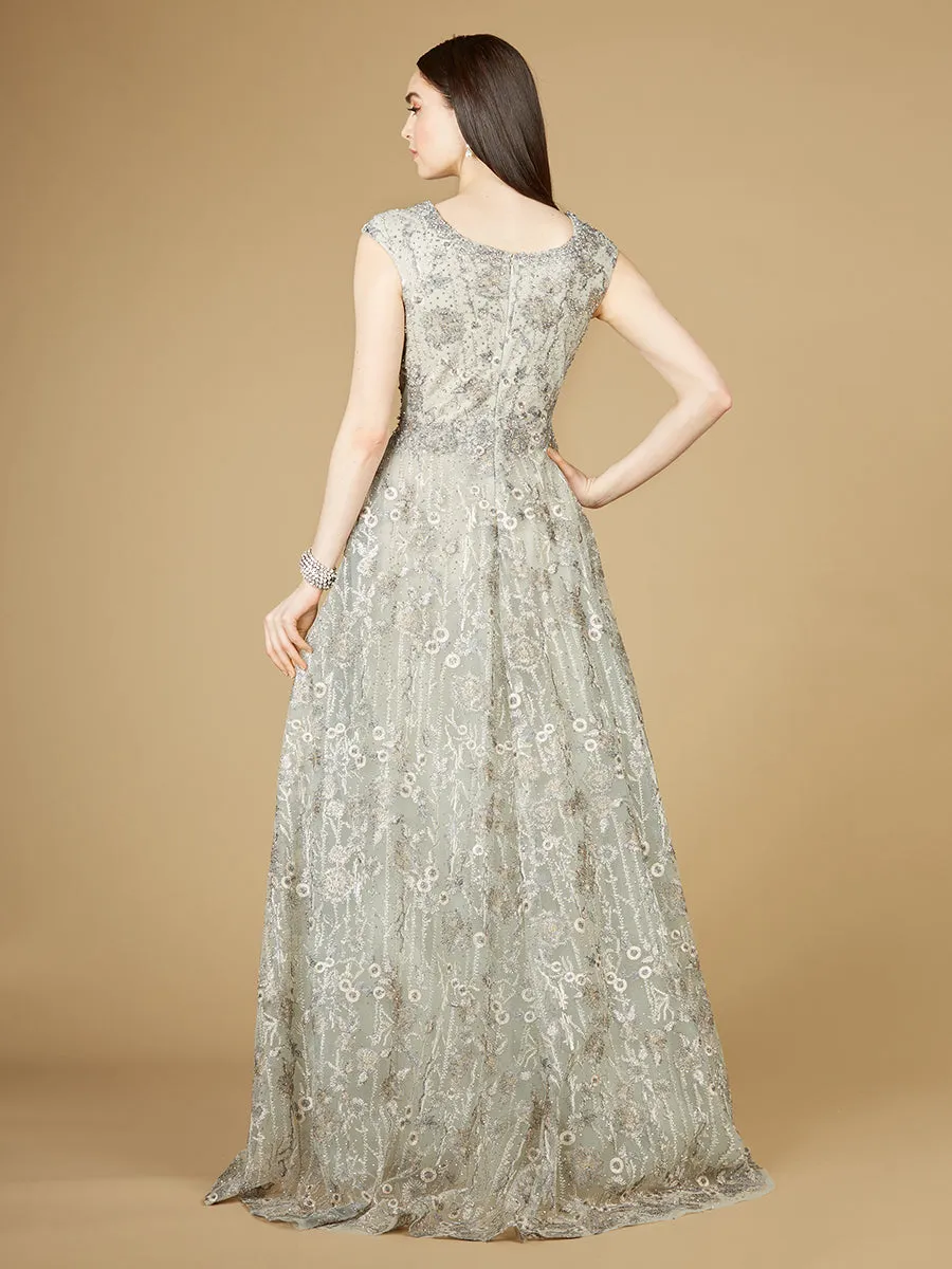 Lara 29236 - Cap Sleeve V-Neck Lace A-line Gown