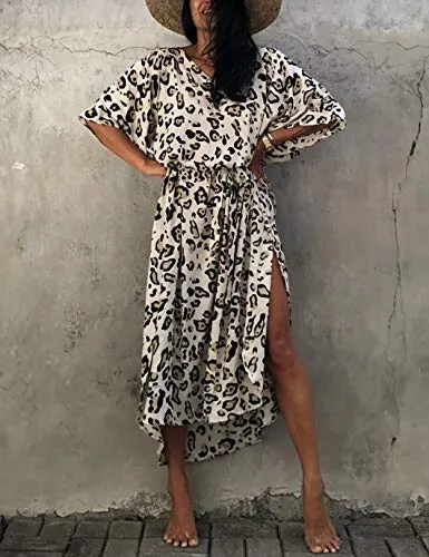 Leopard Print Long Kaftan Swimsuit Cover-Up for Women