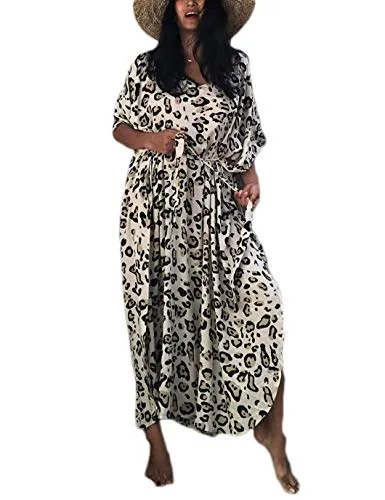 Leopard Print Long Kaftan Swimsuit Cover-Up for Women