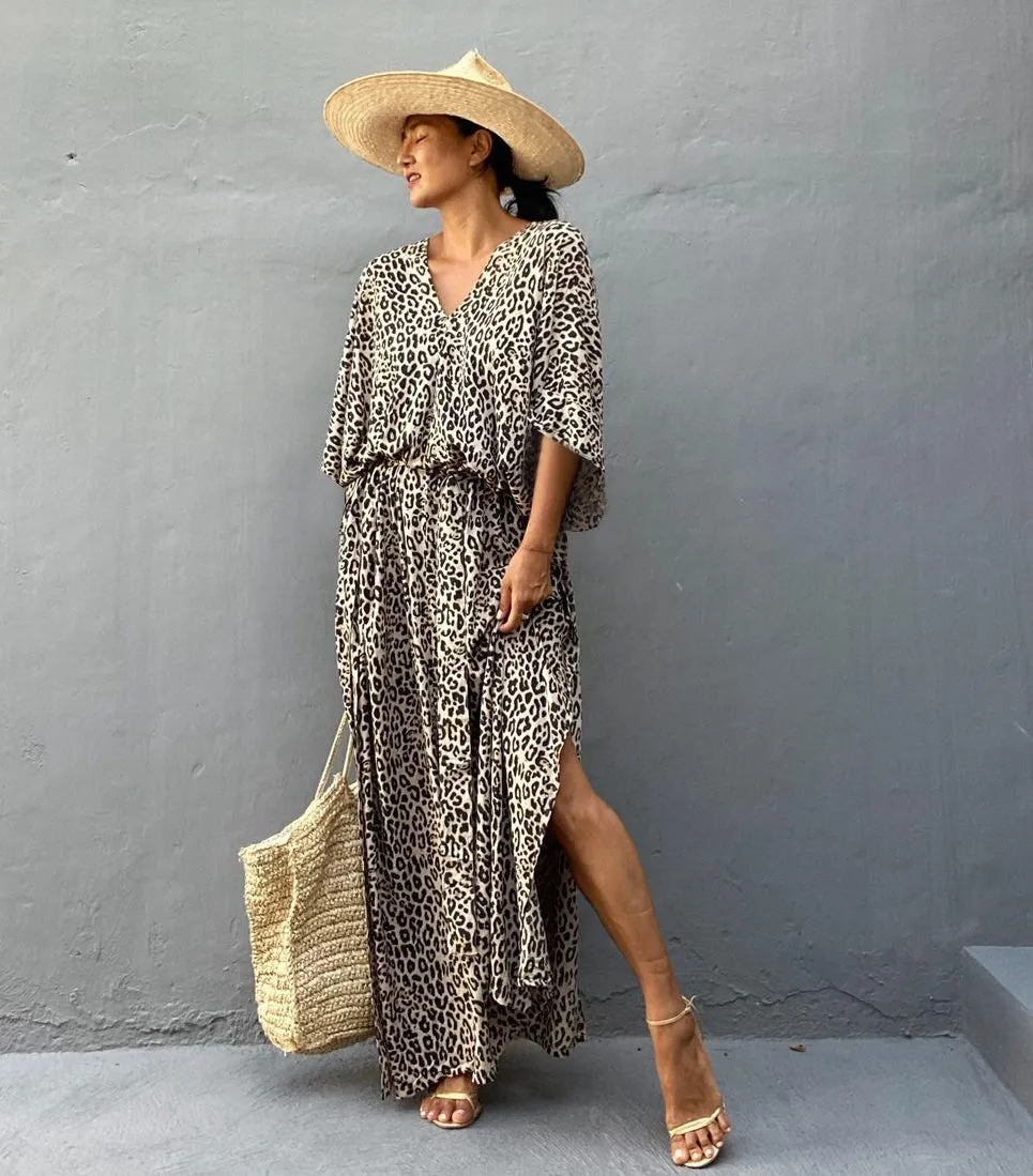 Leopard Print Long Kaftan Swimsuit Cover-Up for Women