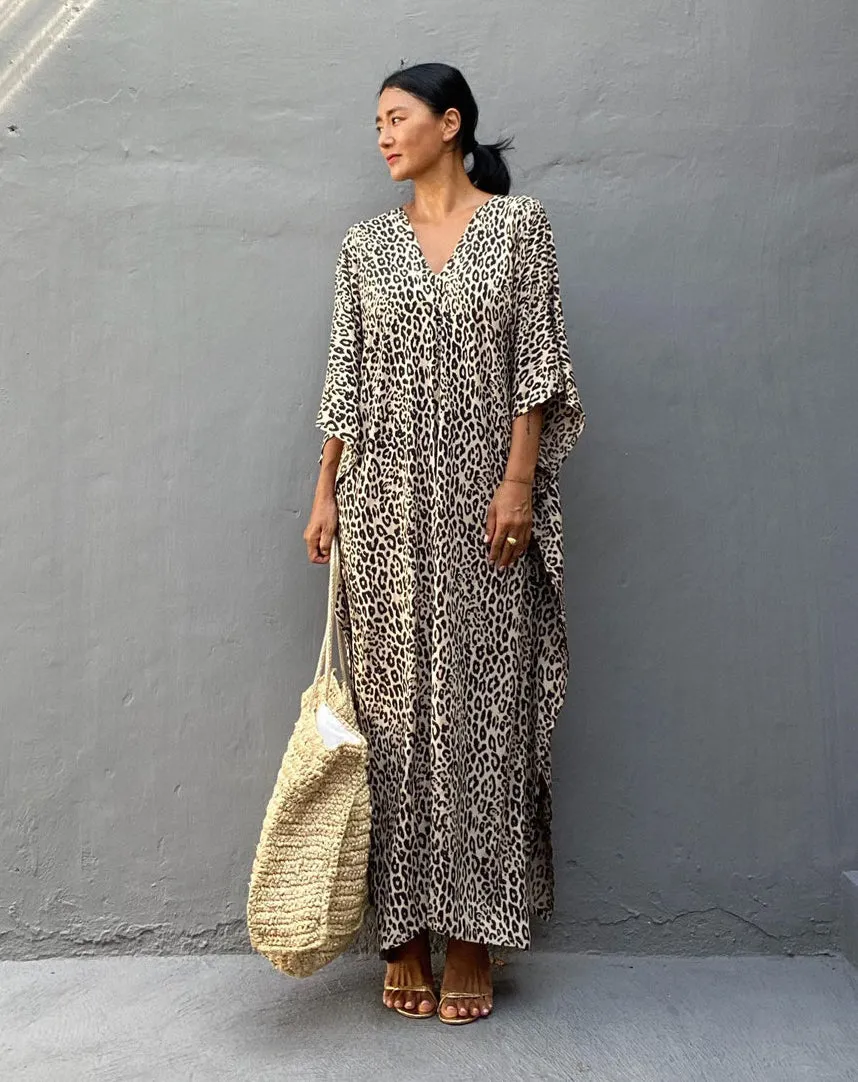 Leopard Print Long Kaftan Swimsuit Cover-Up for Women