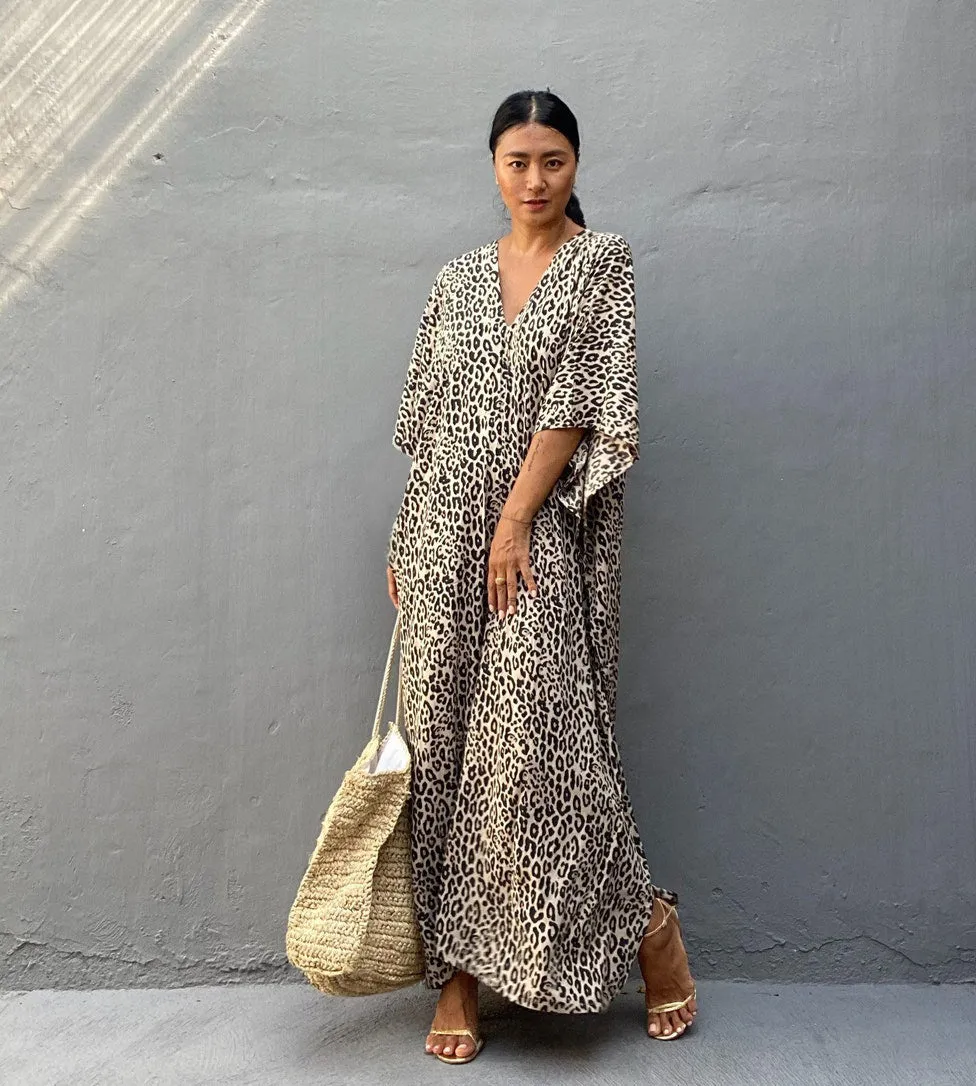 Leopard Print Long Kaftan Swimsuit Cover-Up for Women