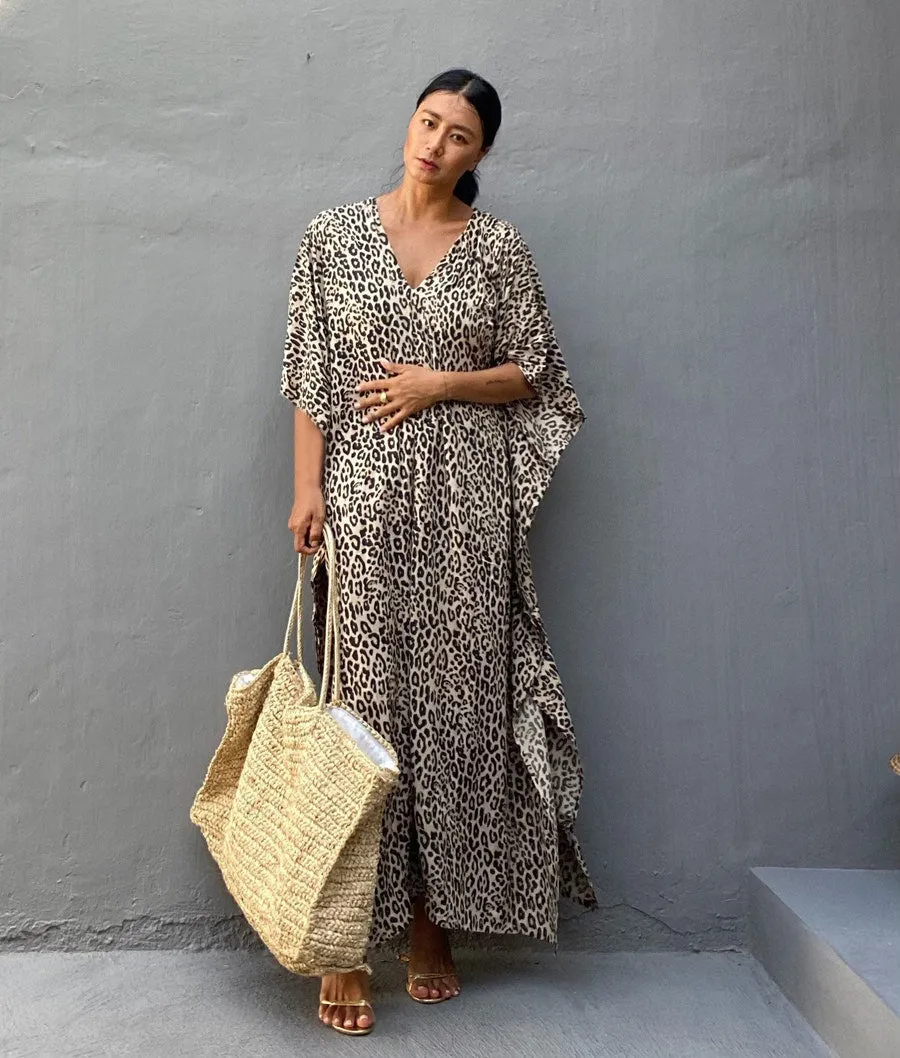 Leopard Print Long Kaftan Swimsuit Cover-Up for Women