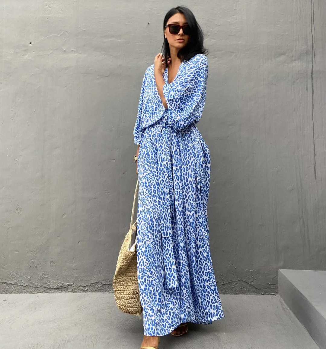 Leopard Print Long Kaftan Swimsuit Cover-Up for Women
