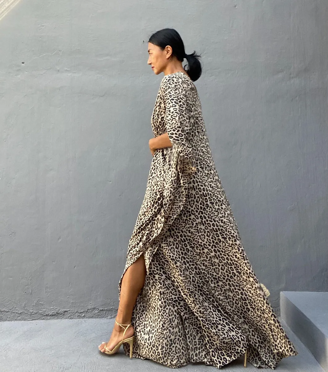 Leopard Print Long Kaftan Swimsuit Cover-Up for Women