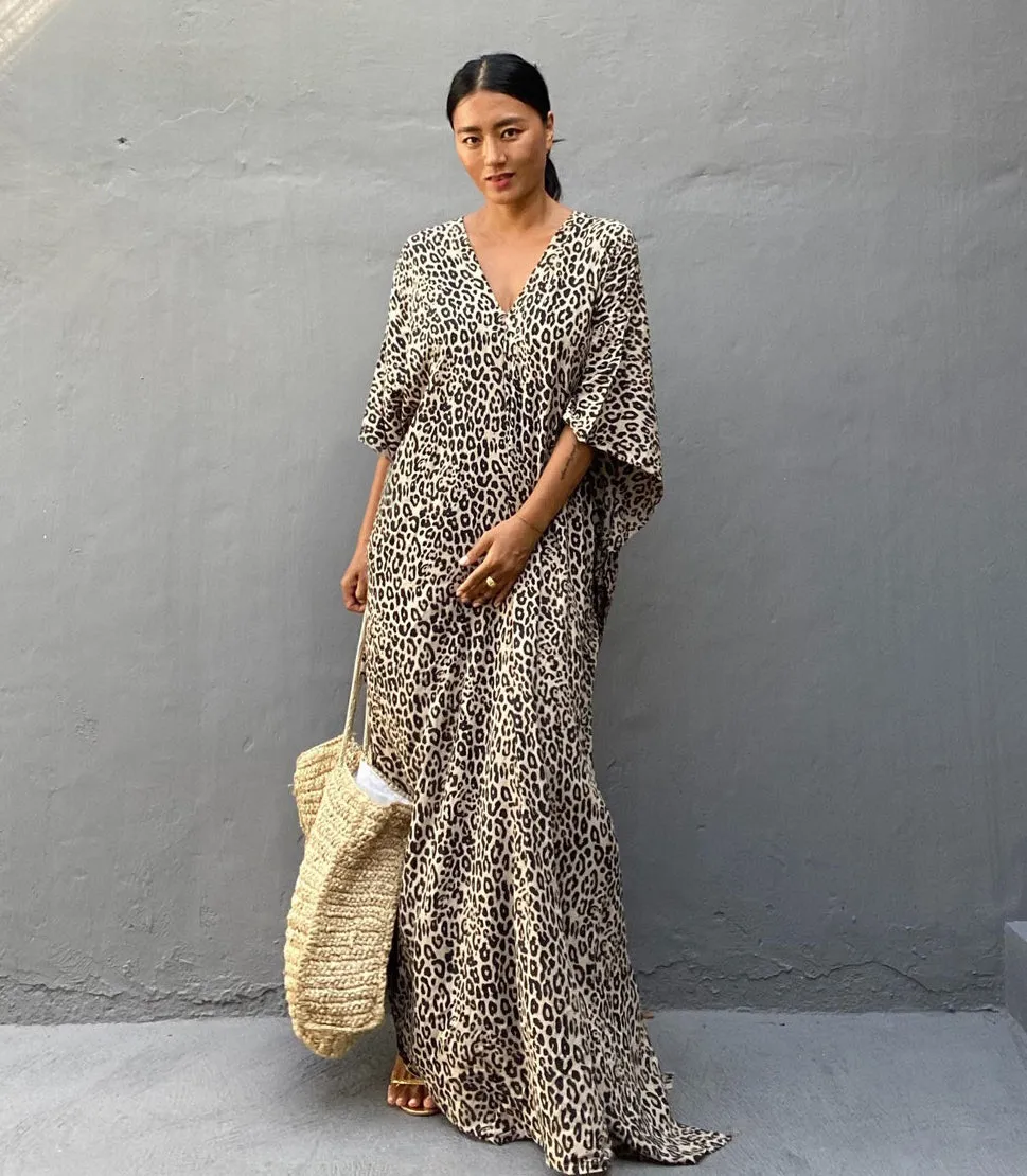 Leopard Print Long Kaftan Swimsuit Cover-Up for Women