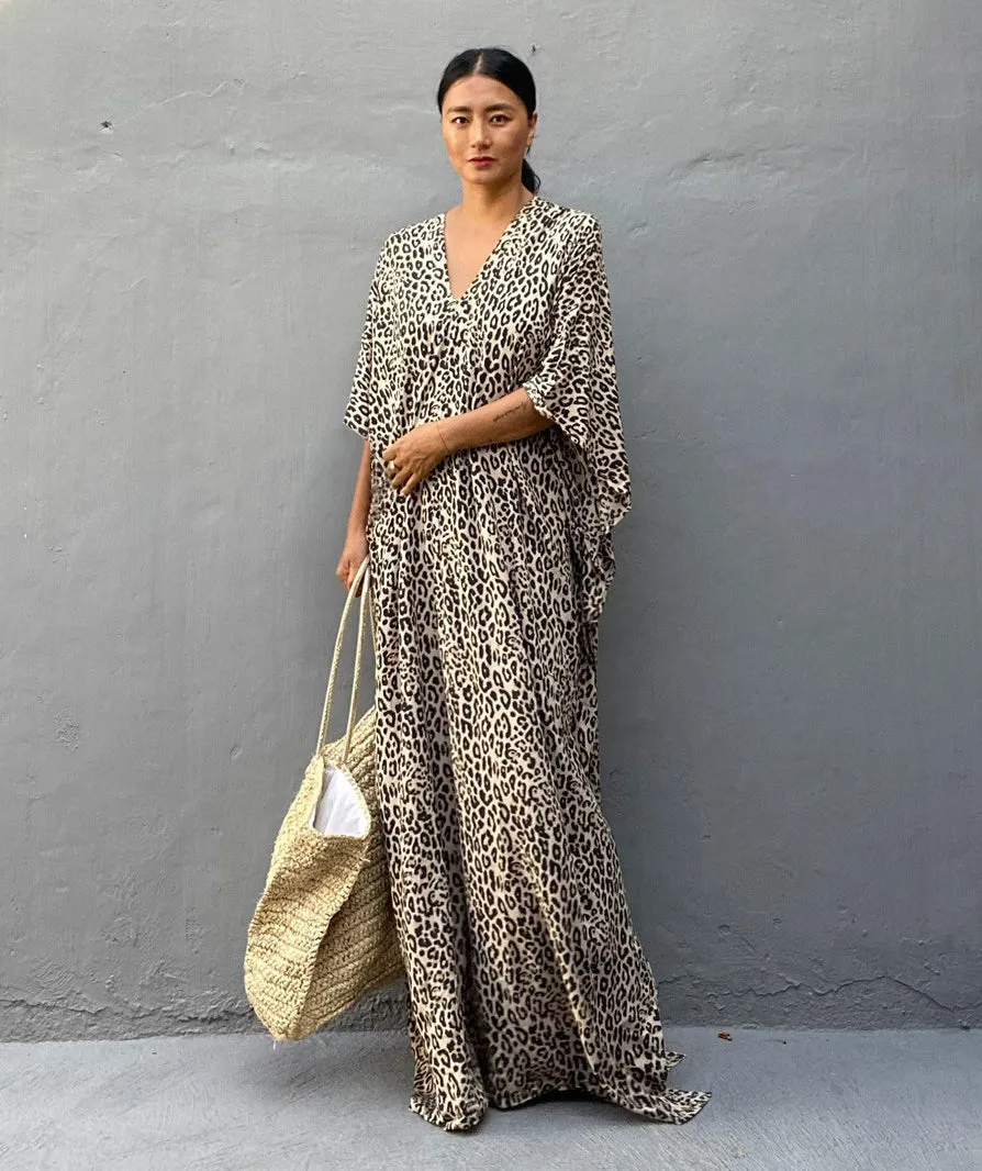 Leopard Print Long Kaftan Swimsuit Cover-Up for Women