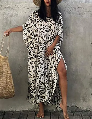 Leopard Print Long Kaftan Swimsuit Cover-Up for Women
