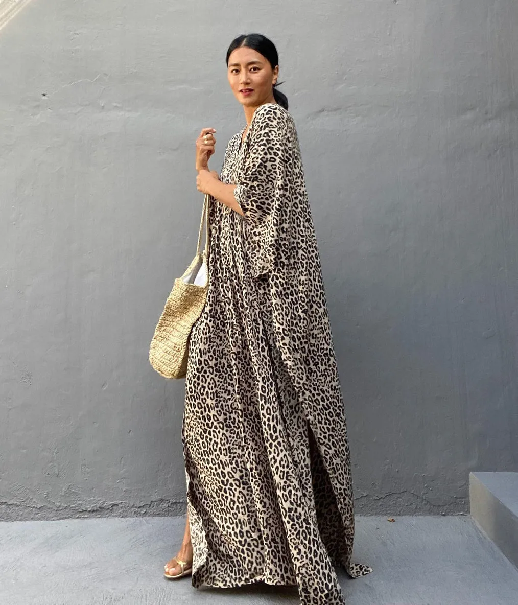 Leopard Print Long Kaftan Swimsuit Cover-Up for Women