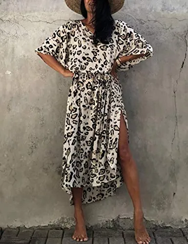 Leopard Print Long Kaftan Swimsuit Cover-Up for Women