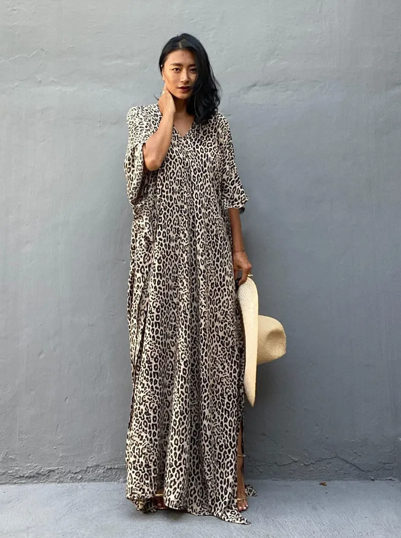 Leopard Print Long Kaftan Swimsuit Cover-Up for Women