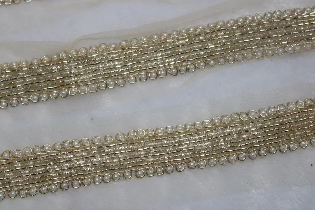 Light Golden Beads and Pearl Work Embroidered Border