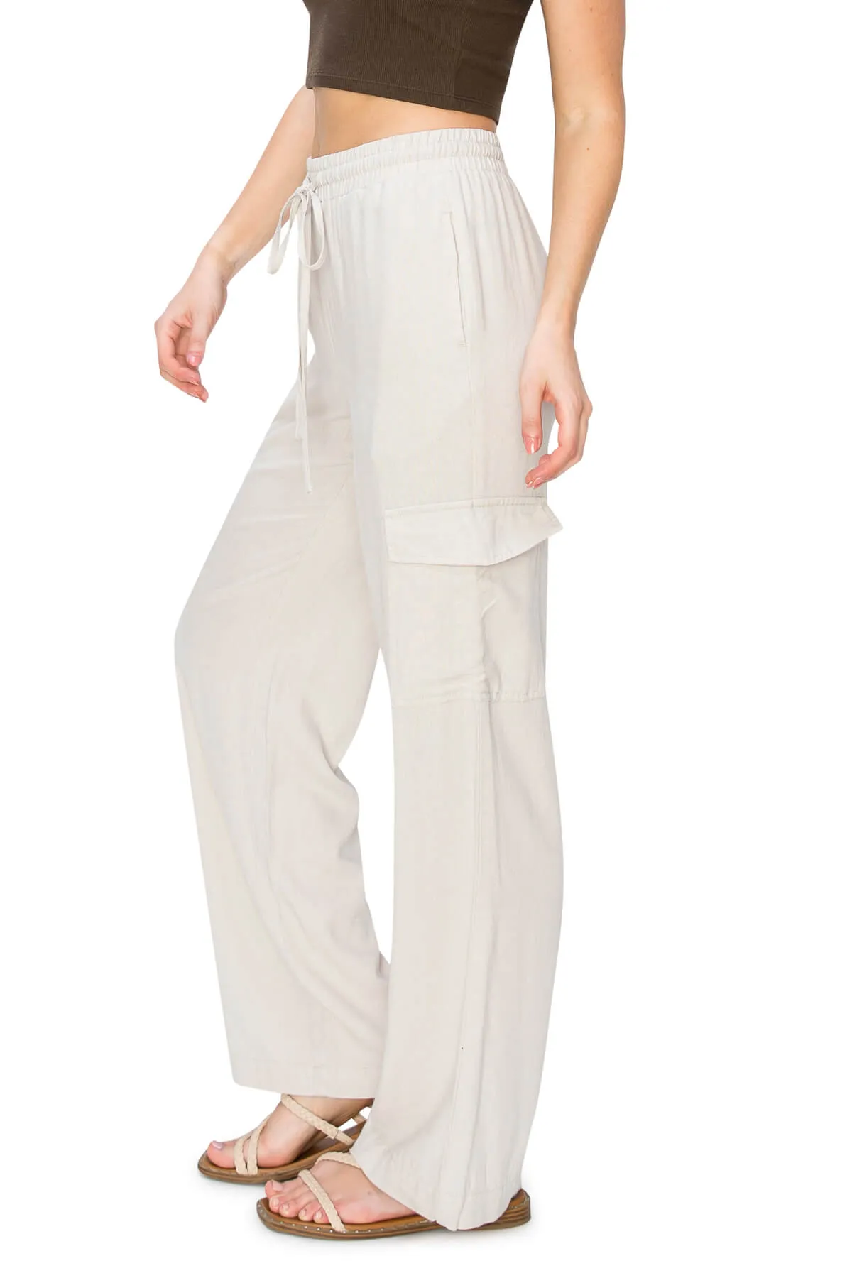 Linen Pull On Cargo Pants - Oatmeal