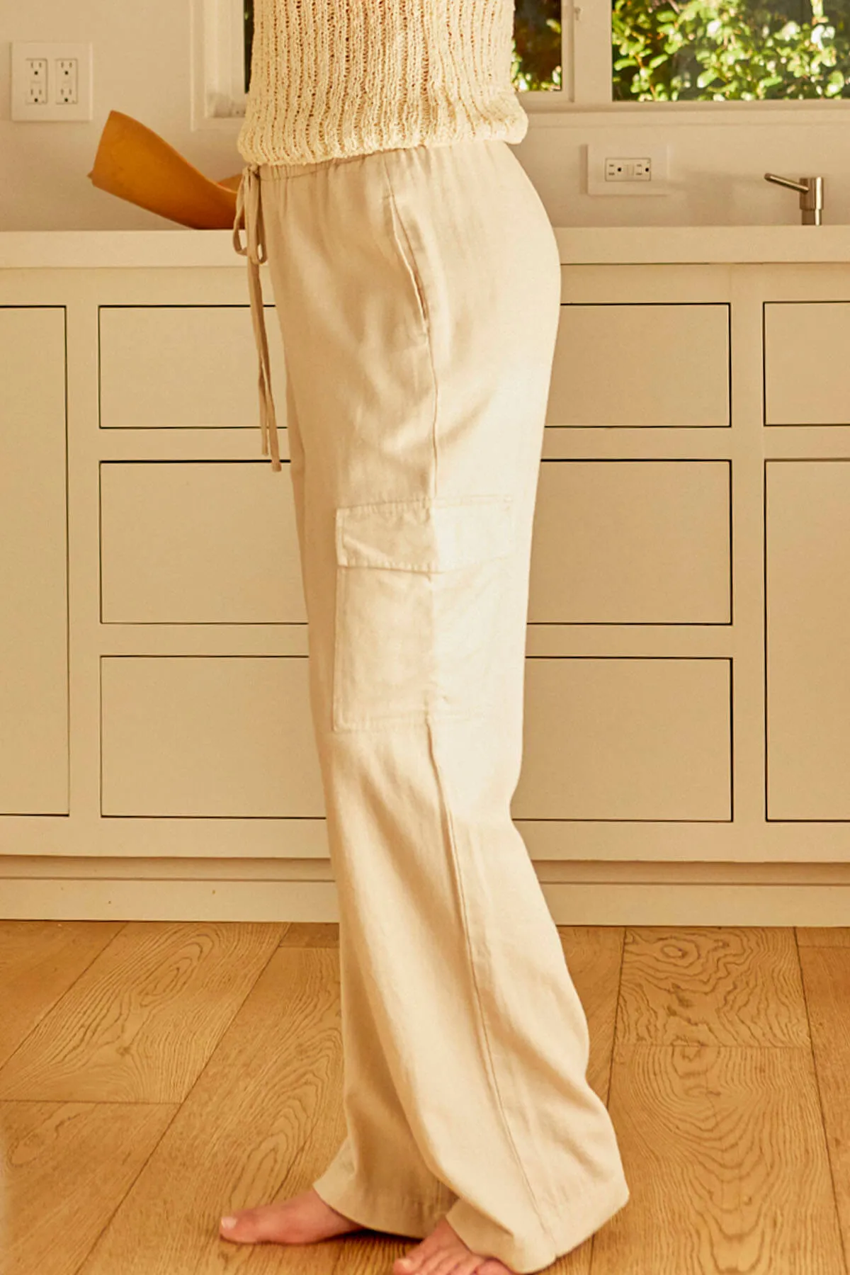 Linen Pull On Cargo Pants - Oatmeal