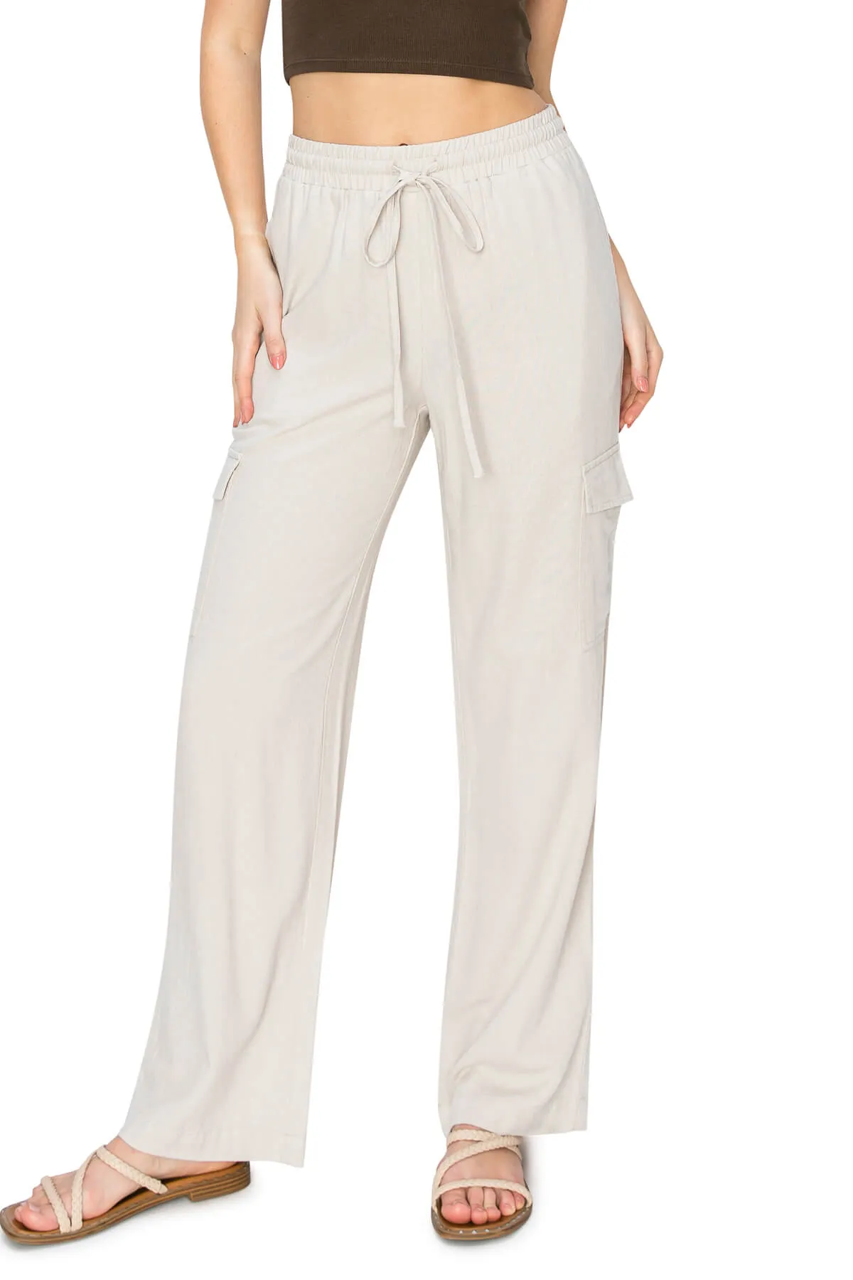 Linen Pull On Cargo Pants - Oatmeal