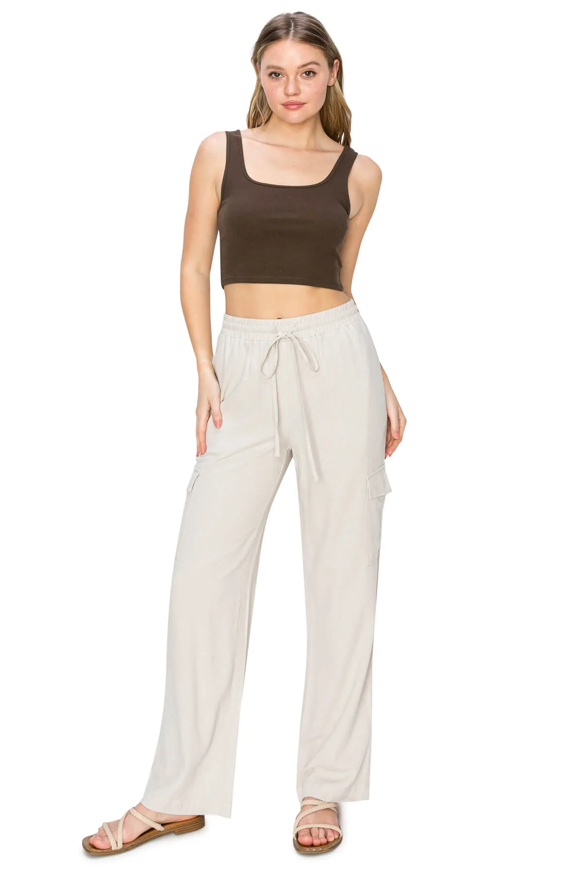 Linen Pull On Cargo Pants - Oatmeal