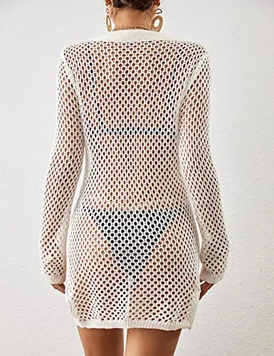Long Sleeve Crochet Beach Bikini Cover Up Women's Tunic Top