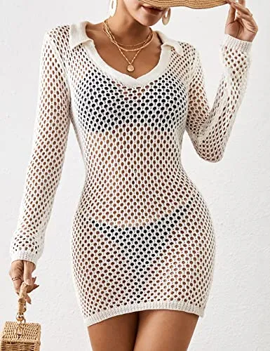 Long Sleeve Crochet Beach Bikini Cover Up Women's Tunic Top