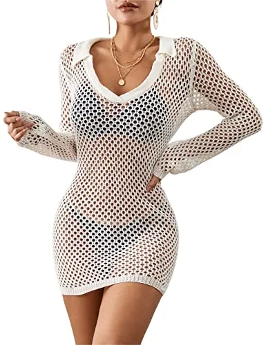 Long Sleeve Crochet Beach Bikini Cover Up Women's Tunic Top