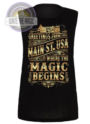 Main Street USA  Gold Print - Women's Tanks   Tees