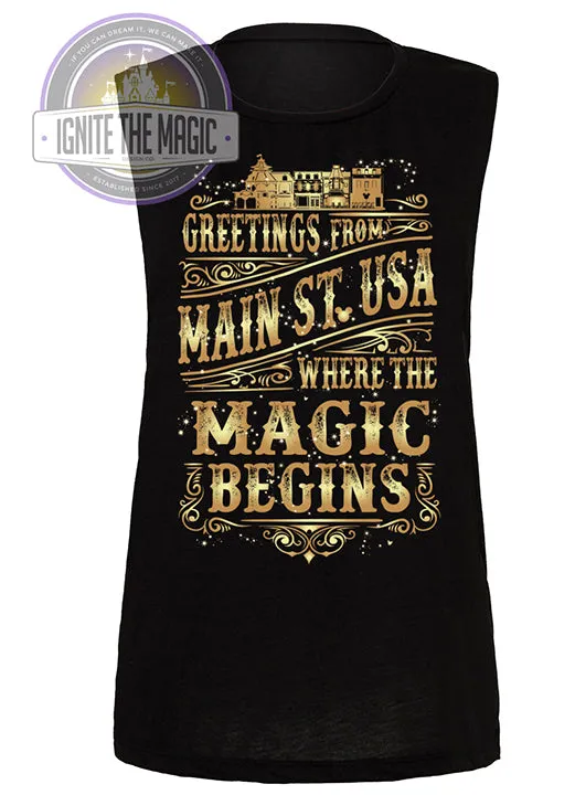 Main Street USA  Gold Print - Women's Tanks   Tees