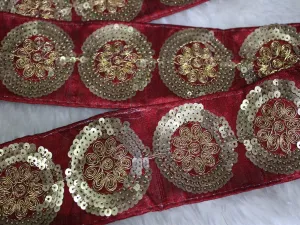 Maroon Floral Sequins Trim Lace