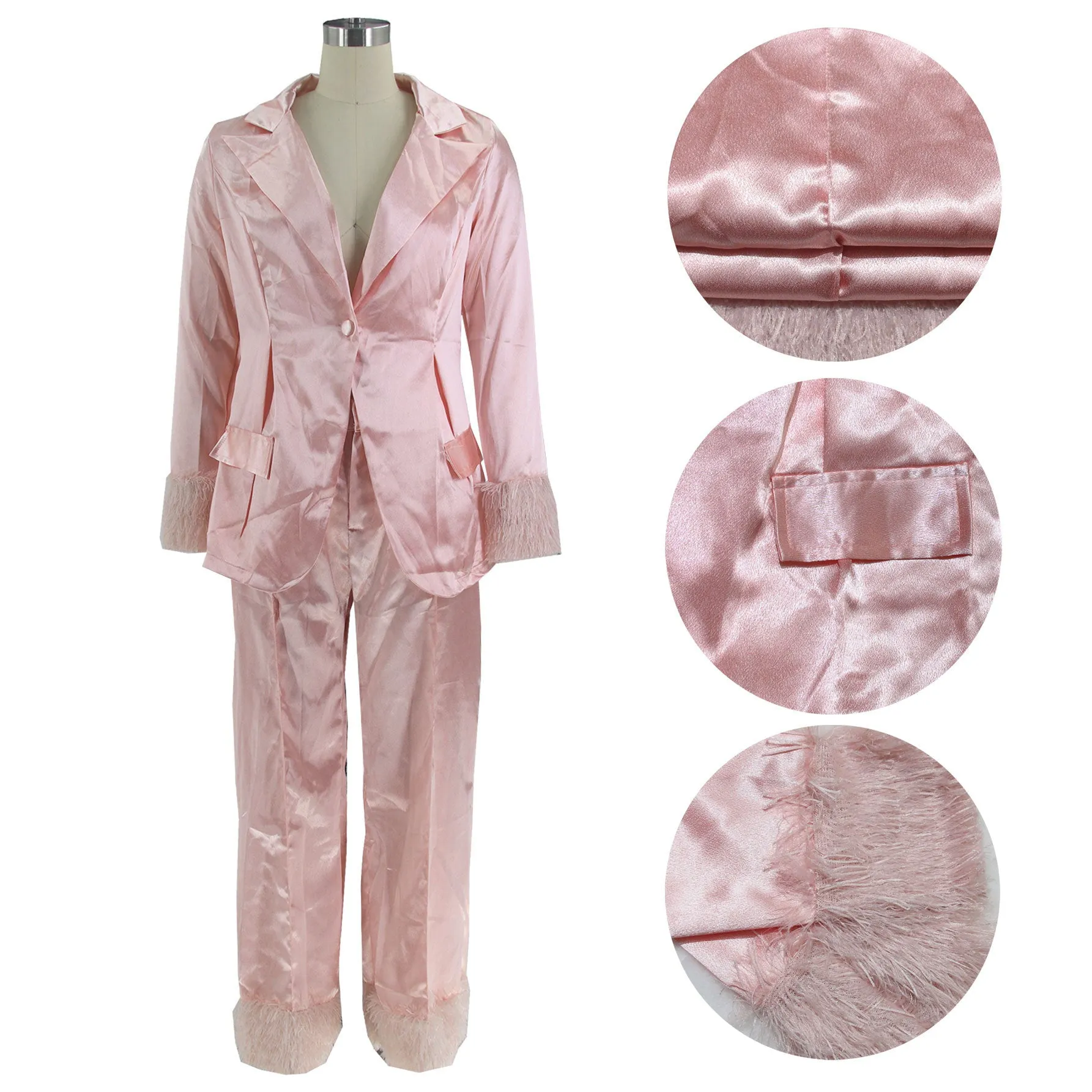 MB FASHION SATIN FEEL PANTS SUIT WITH FUR 2 PCS SET 092LY