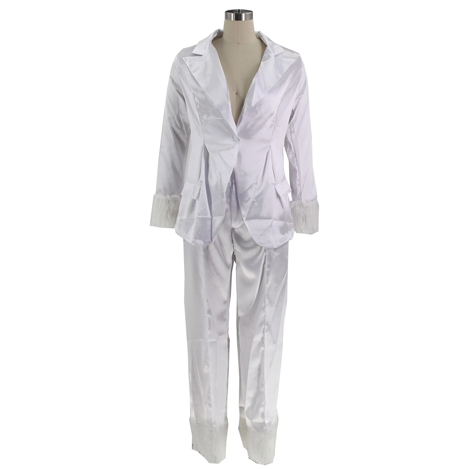 MB FASHION SATIN FEEL PANTS SUIT WITH FUR 2 PCS SET 092LY