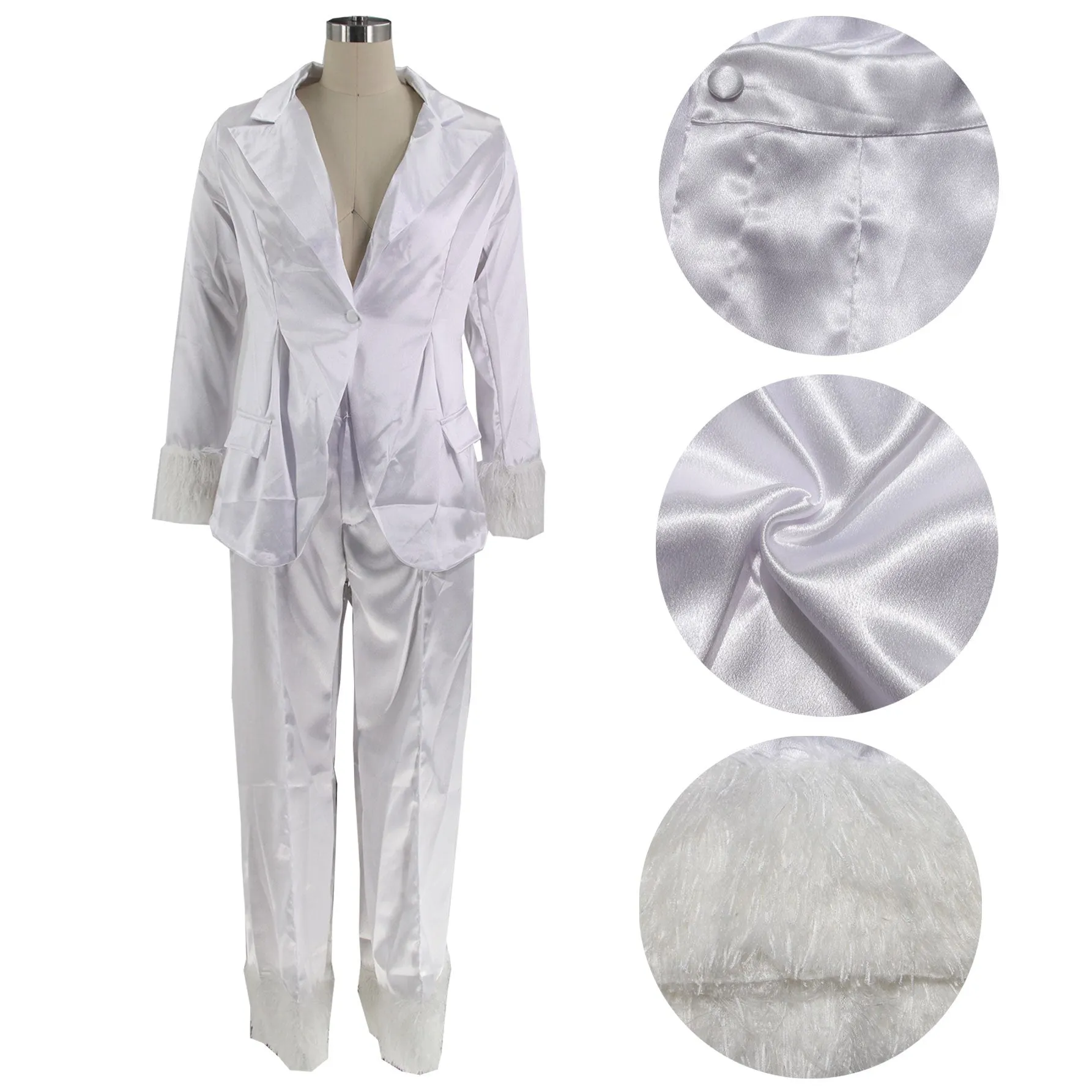MB FASHION SATIN FEEL PANTS SUIT WITH FUR 2 PCS SET 092LY