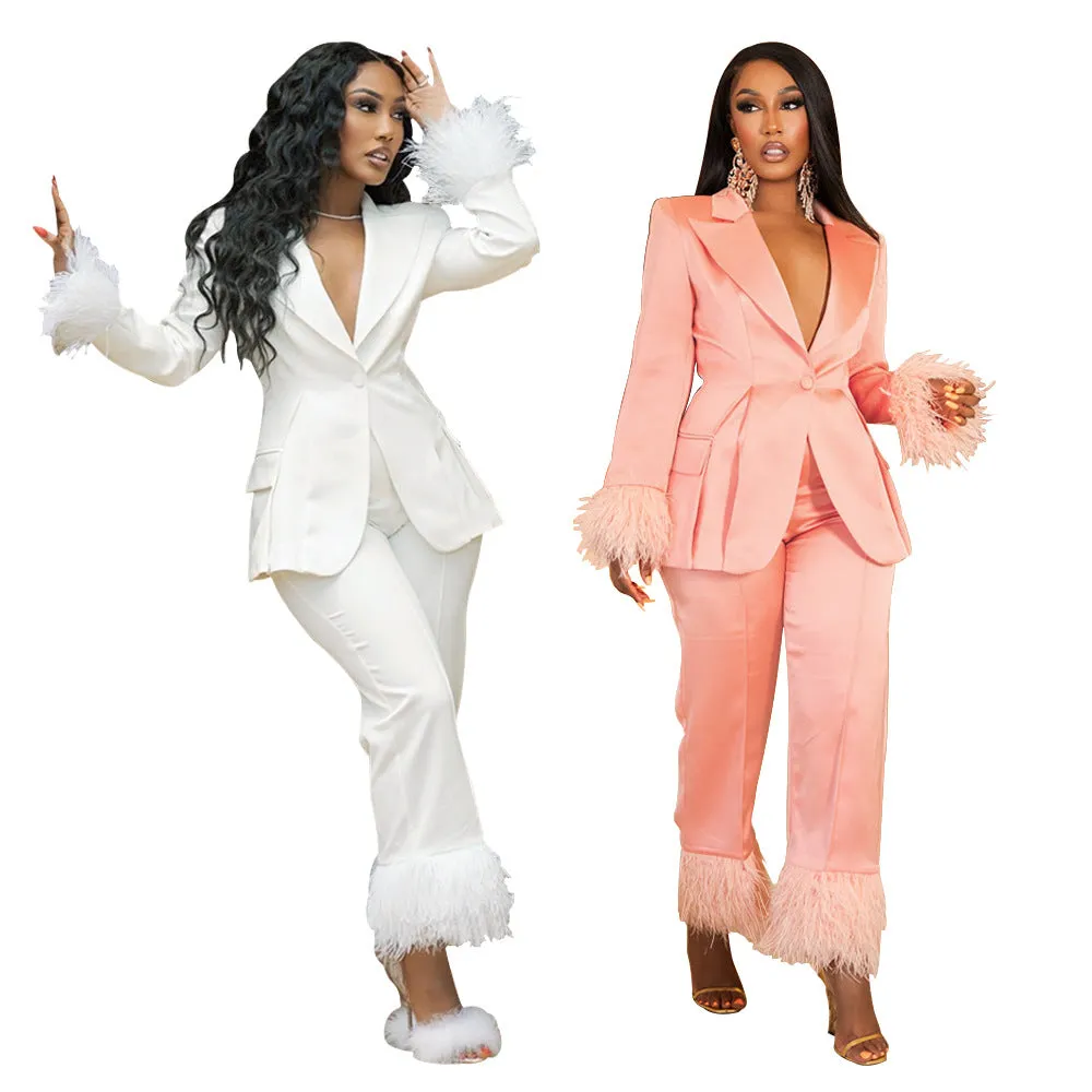MB FASHION SATIN FEEL PANTS SUIT WITH FUR 2 PCS SET 092LY