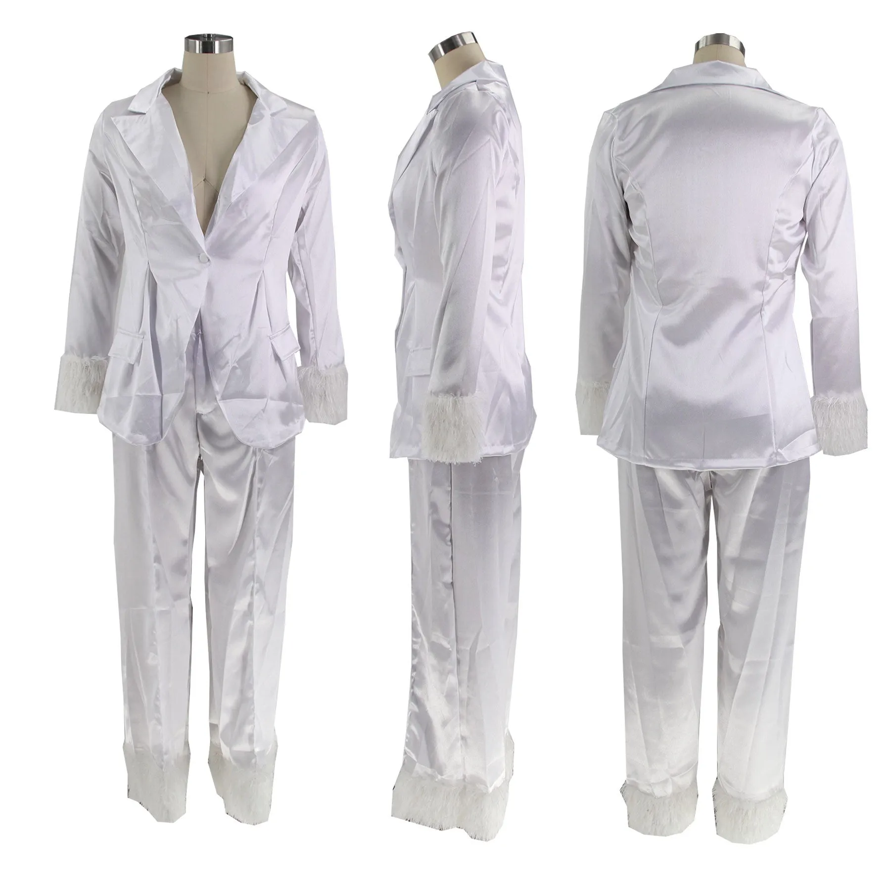 MB FASHION SATIN FEEL PANTS SUIT WITH FUR 2 PCS SET 092LY