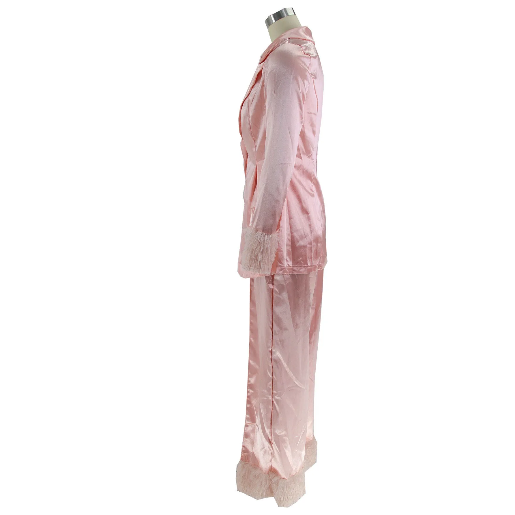 MB FASHION SATIN FEEL PANTS SUIT WITH FUR 2 PCS SET 092LY