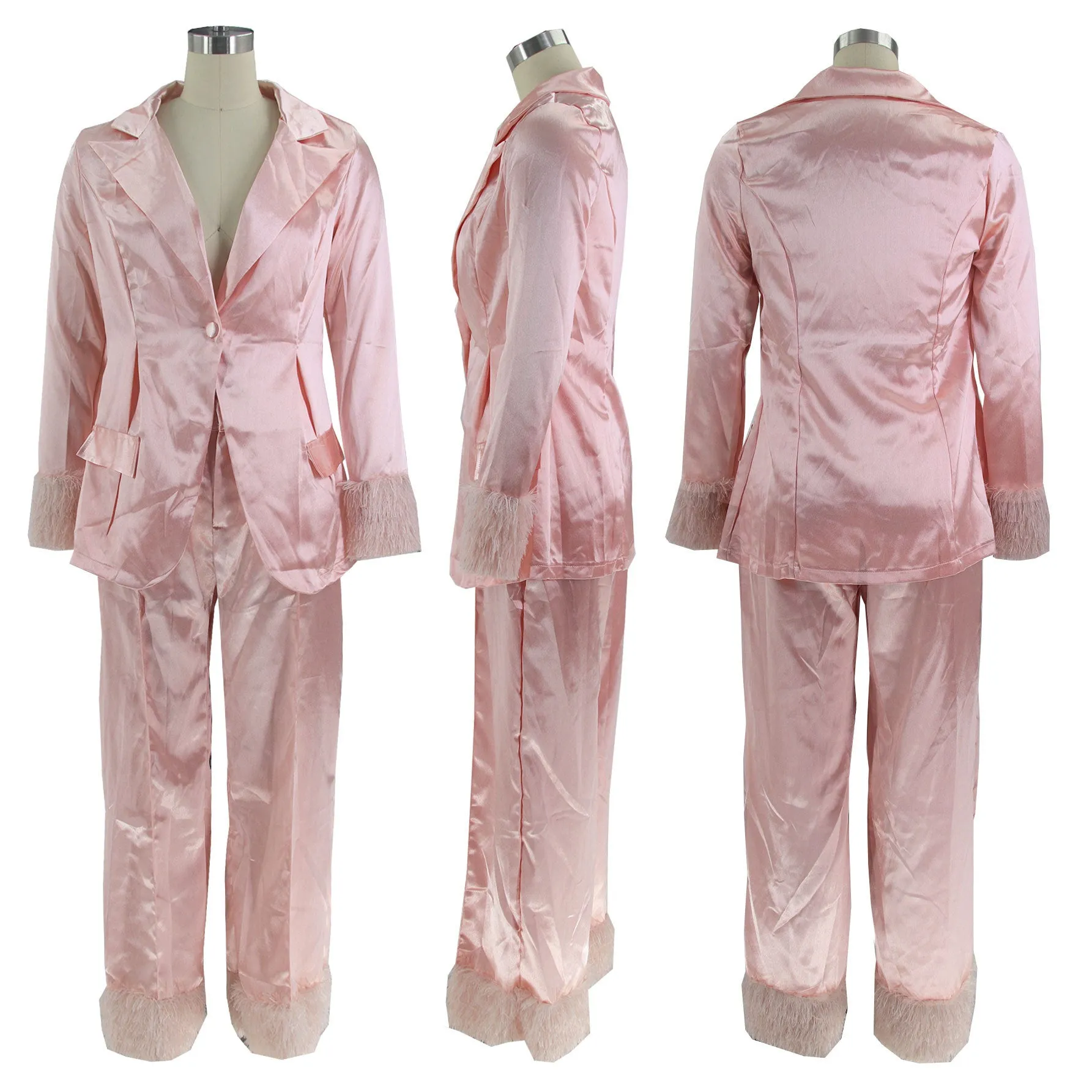 MB FASHION SATIN FEEL PANTS SUIT WITH FUR 2 PCS SET 092LY