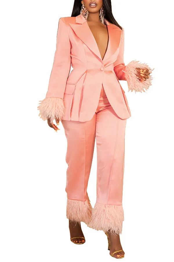 MB FASHION SATIN FEEL PANTS SUIT WITH FUR 2 PCS SET 092LY