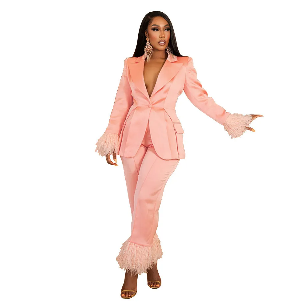 MB FASHION SATIN FEEL PANTS SUIT WITH FUR 2 PCS SET 092LY