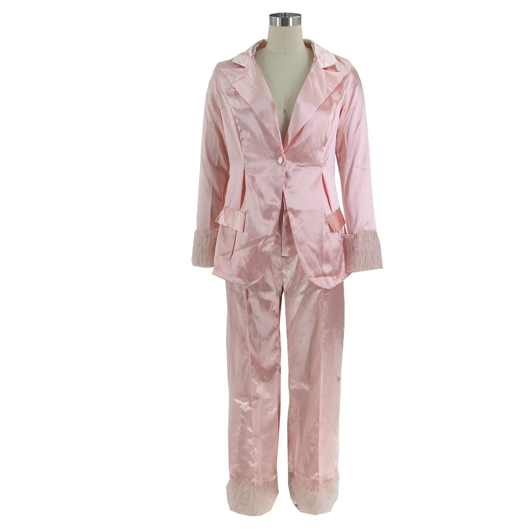 MB FASHION SATIN FEEL PANTS SUIT WITH FUR 2 PCS SET 092LY