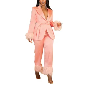MB FASHION SATIN FEEL PANTS SUIT WITH FUR 2 PCS SET 092LY