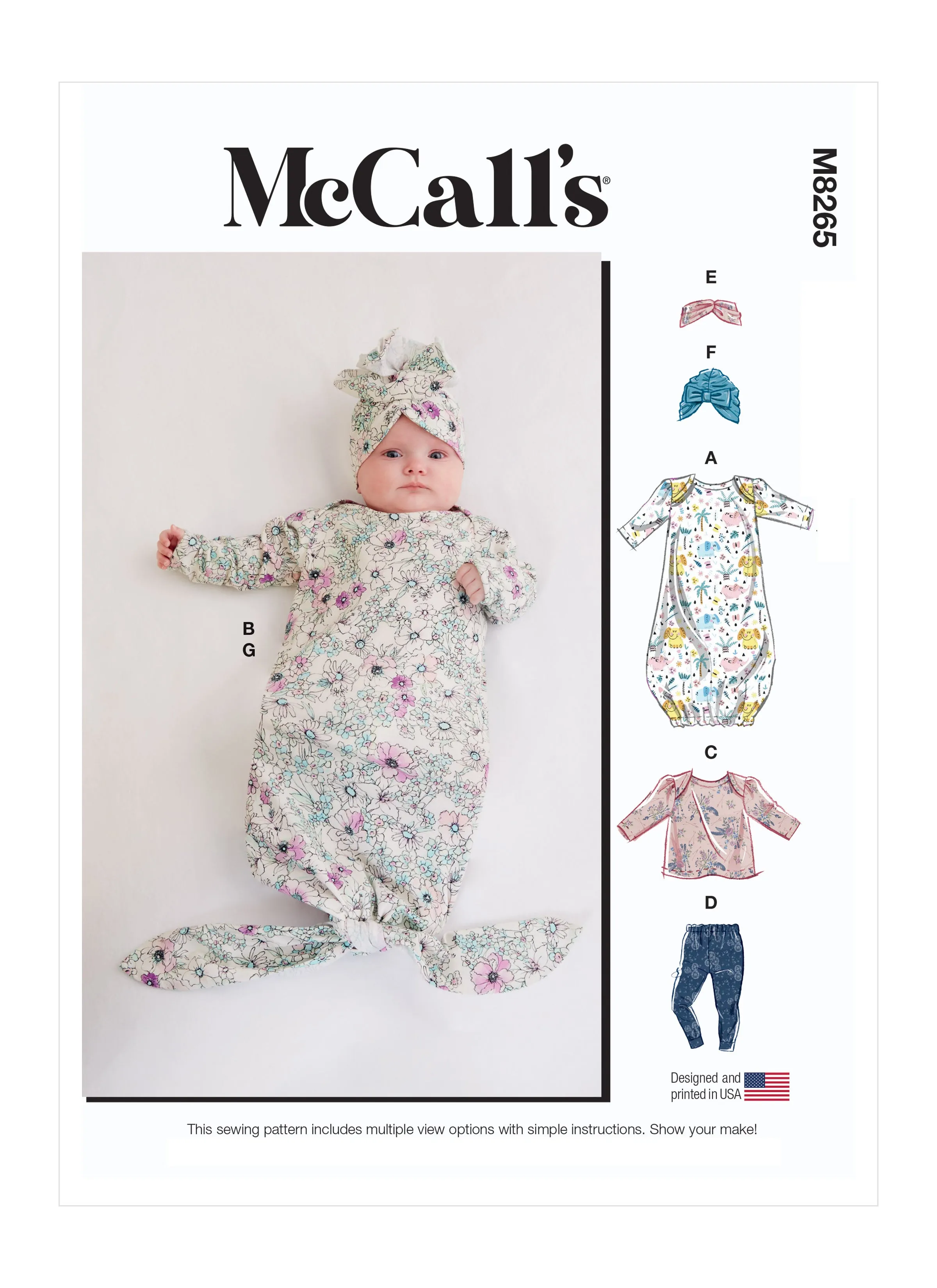 McCall's Sewing Pattern 8265 Infants' Gown, Top, Pants, Headband and Hat