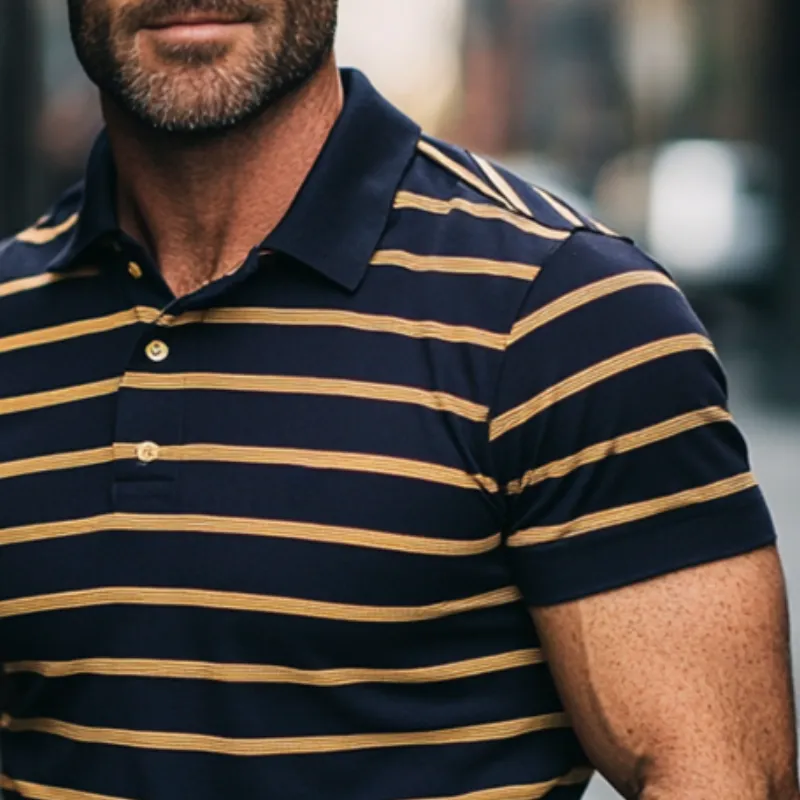 Men's Retro Casual Simple Striped Contrast Color Short-sleeved Polo Shirt 57096577TO