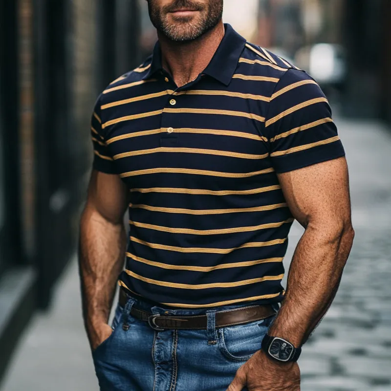 Men's Retro Casual Simple Striped Contrast Color Short-sleeved Polo Shirt 57096577TO