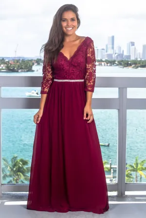 Merlot Embroidered Top Maxi Dress with 3/4 Sleeves
