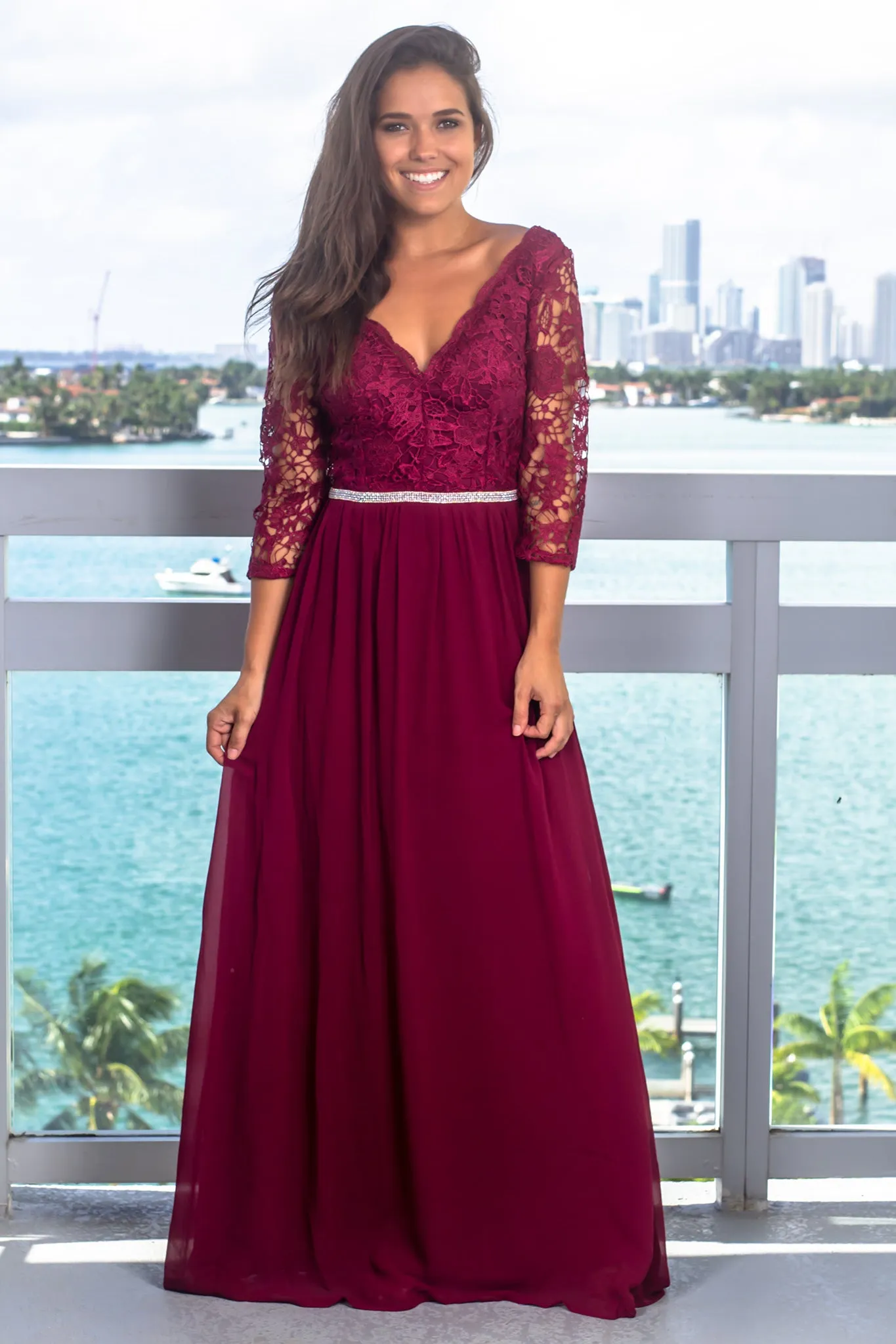 Merlot Embroidered Top Maxi Dress with 3/4 Sleeves