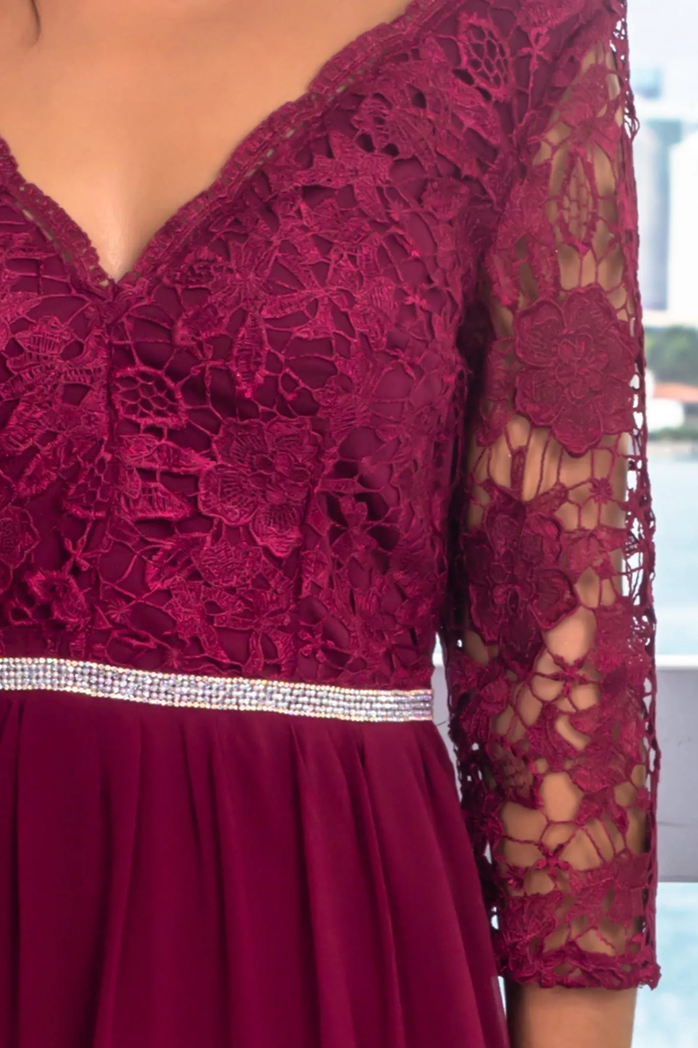 Merlot Embroidered Top Maxi Dress with 3/4 Sleeves