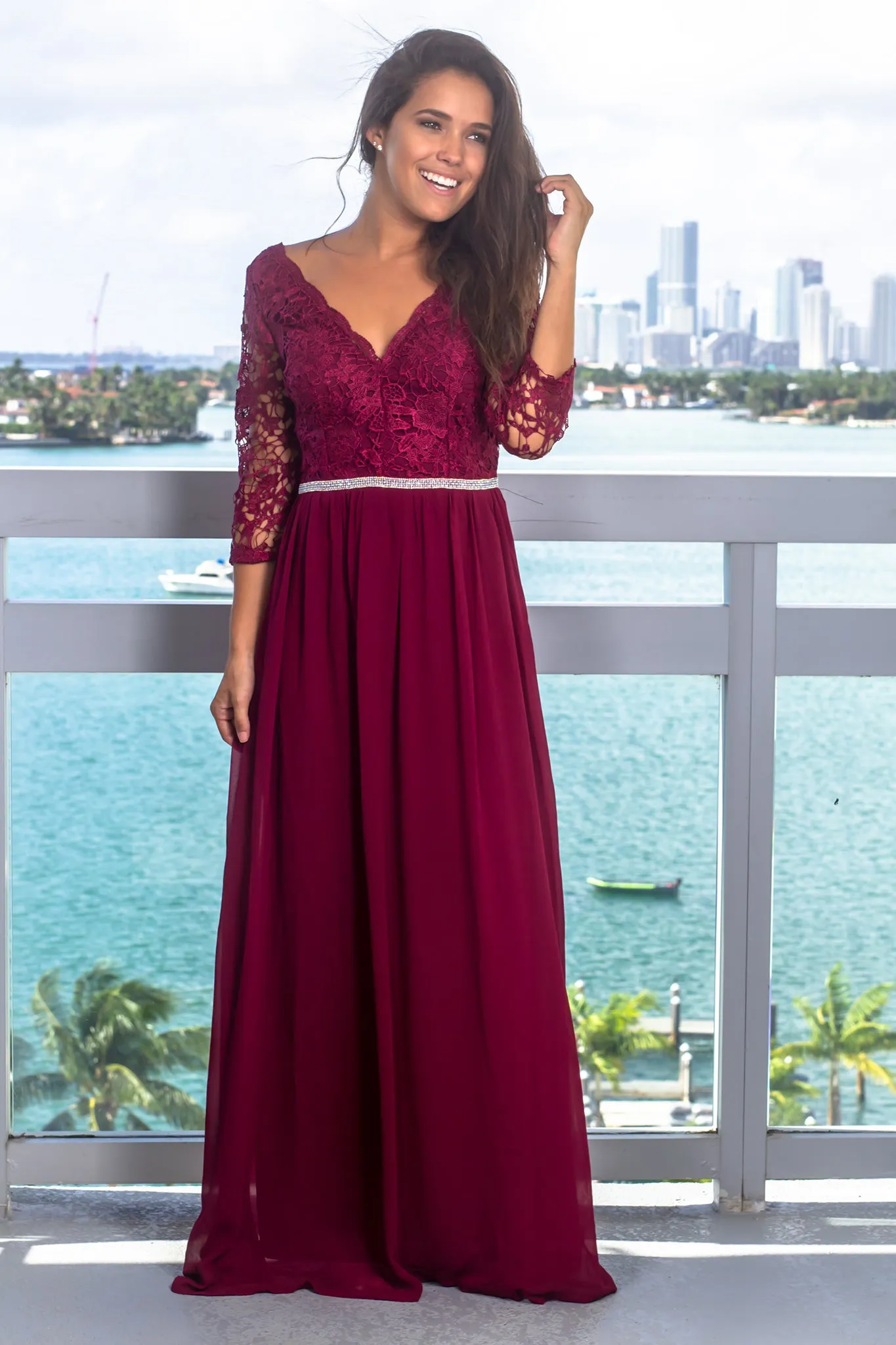 Merlot Embroidered Top Maxi Dress with 3/4 Sleeves